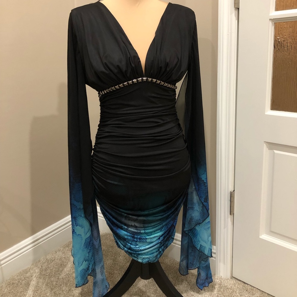 V & K Studio dress. Black w/blue snake skin pattern, shear/open sleeves. Size M